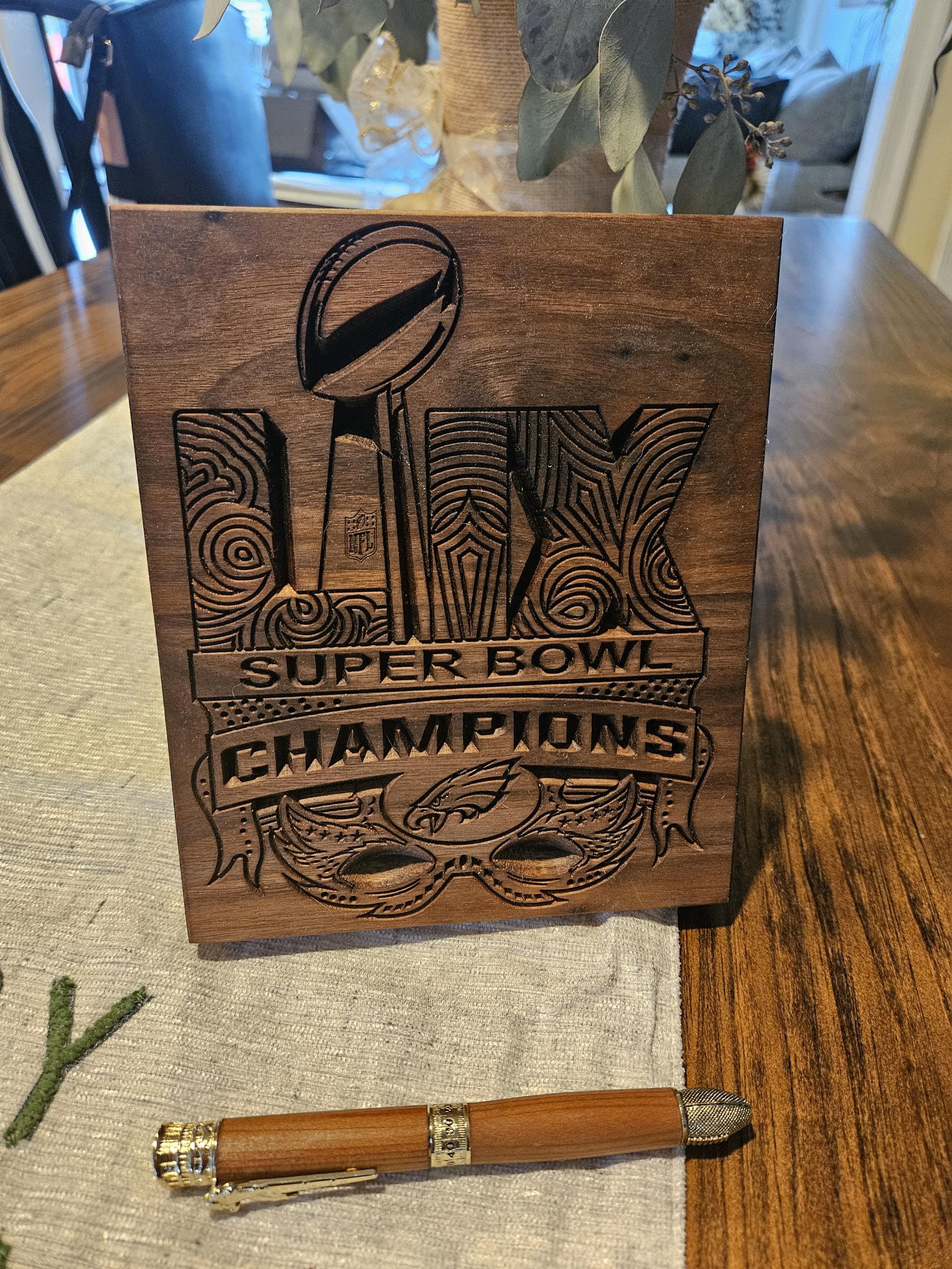 Wood Carved Philadelphia Eagles Superbowl Championship Sign – Handmade Football Fan desk shelf Art. Black walnut