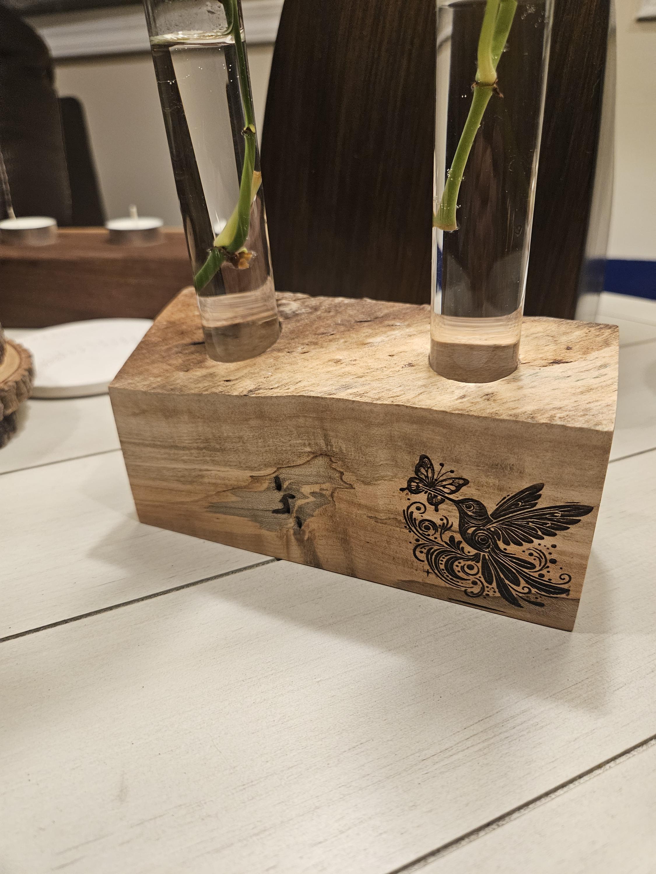 Ambrosia Maple 2-Hole Propagation Station – Modern Plant Propagation Tube Holder (1' x 6' Glass Tubes) engraved with stunning artwork