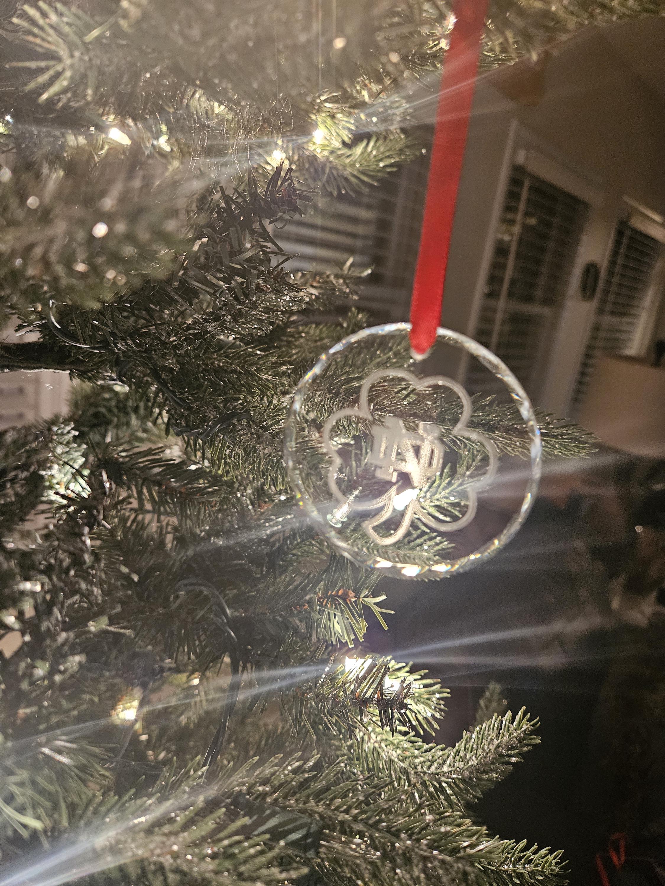 Notre Dame K9 Crystal Ornament -Shamrock – Laser Engraved