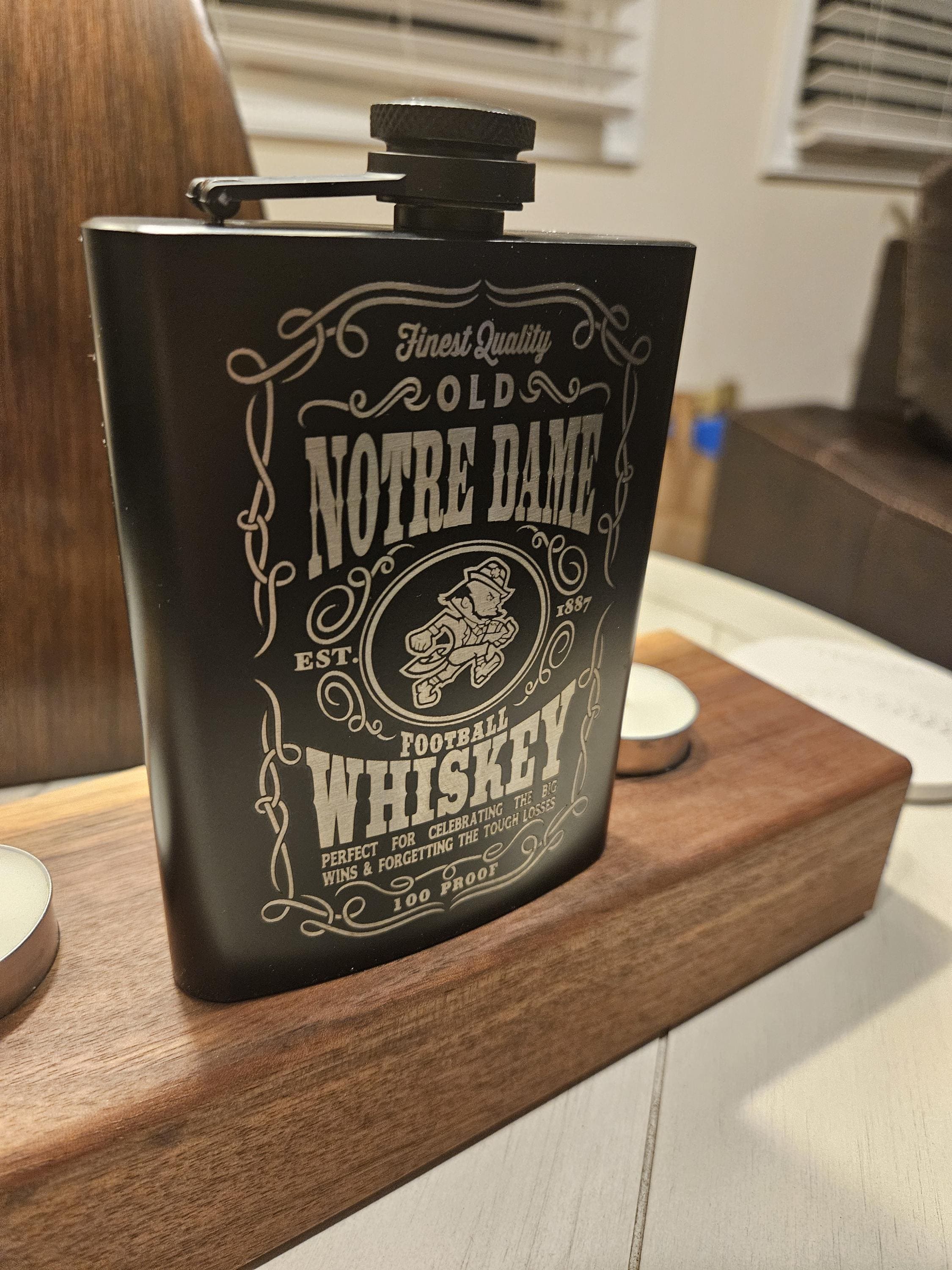 8 oz Engraved Notre Dame Whiskey Flask – Custom Laser Engraved Gift for Fans, Groomsmen, or Game Day!